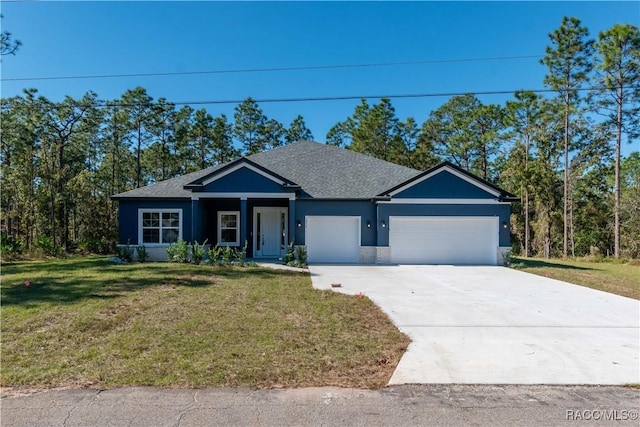 single story home featuring a front yard and a garage