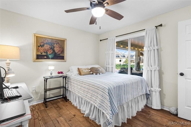 bedroom with hardwood / wood-style floors, ceiling fan, and access to exterior