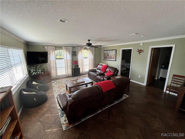 3809 N Seminole Pt, Crystal River, FL 34428 - living room featuring baseboards, a textured ceiling, ornamental molding, and a ceiling fan