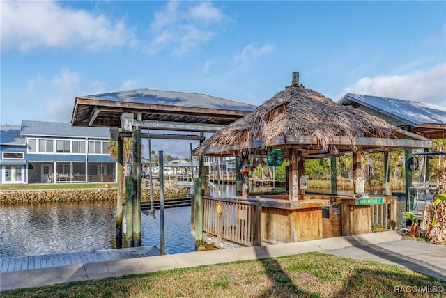 view of dock with a water view