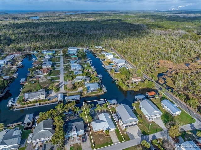 drone / aerial view featuring a water view and a view of trees