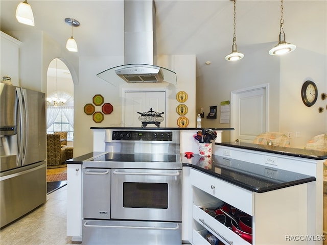 kitchen with stainless steel appliances, island range hood, pendant lighting, an inviting chandelier, and white cabinets