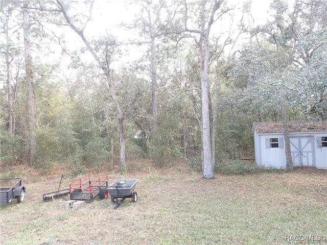 view of yard with a storage unit, a view of trees, a vegetable garden, and an outdoor structure