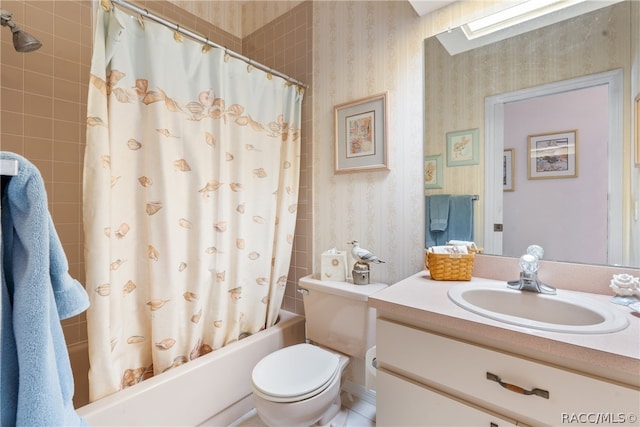 full bathroom with tile patterned flooring, shower / bath combination with curtain, vanity, and toilet