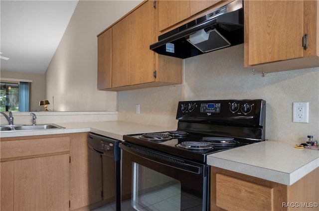 kitchen with black appliances, sink, exhaust hood, and vaulted ceiling