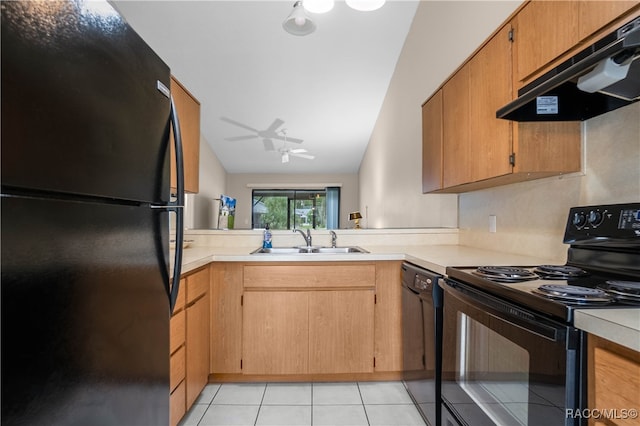 kitchen with ceiling fan, sink, vaulted ceiling, black appliances, and exhaust hood