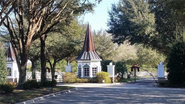 view of street with a gated entry, a gate, and curbs