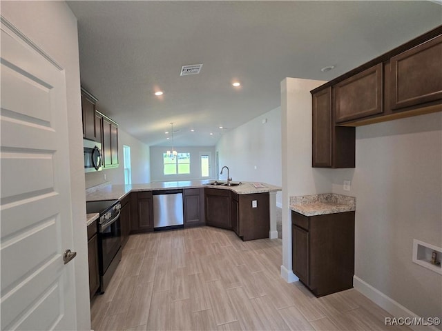 348 W Rexford Dr, Beverly Hills, FL 34465 - kitchen featuring stainless steel appliances, dark brown cabinetry, recessed lighting, a peninsula, and light stone countertops