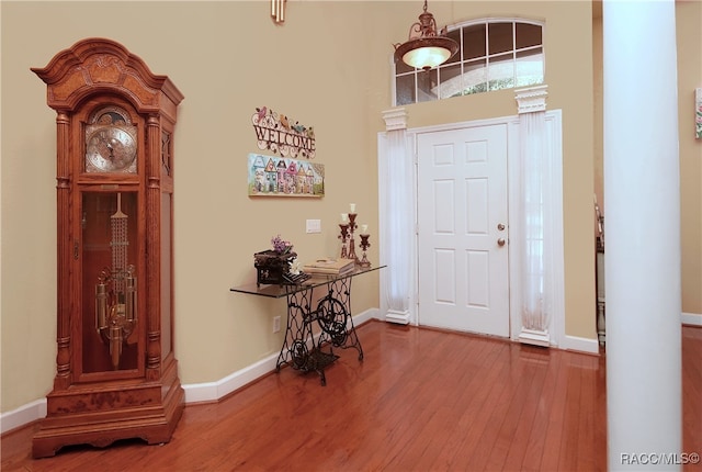 entryway with a towering ceiling and hardwood / wood-style flooring