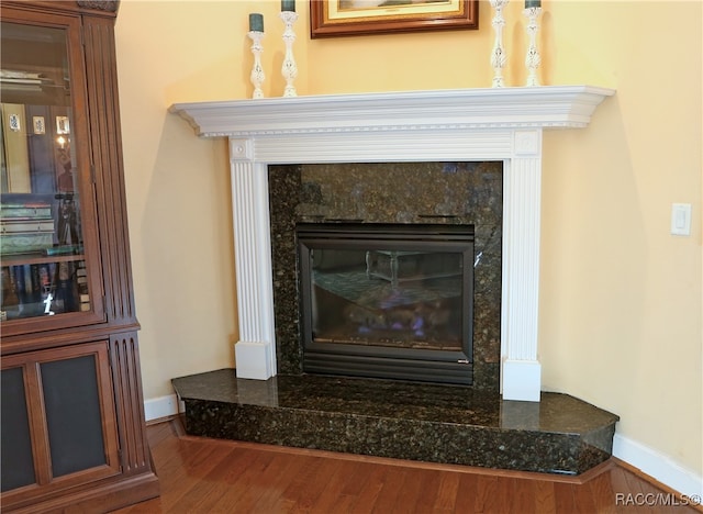 details featuring a fireplace and hardwood / wood-style flooring