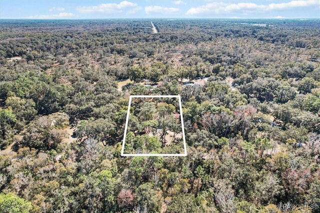 birds eye view of property featuring a wooded view