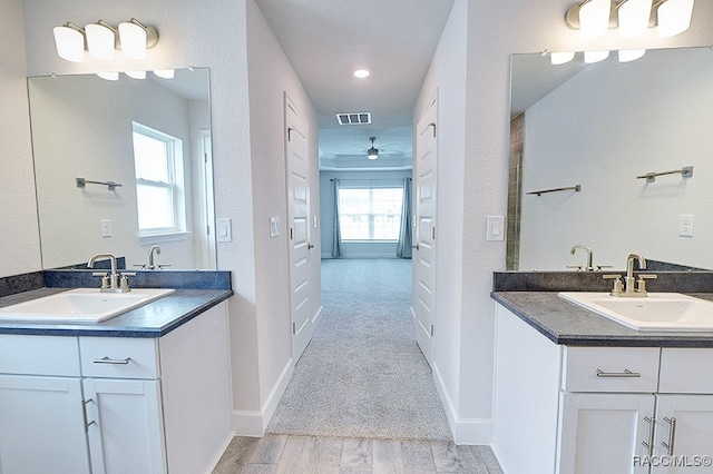 bathroom with ceiling fan, plenty of natural light, vanity, and hardwood / wood-style floors