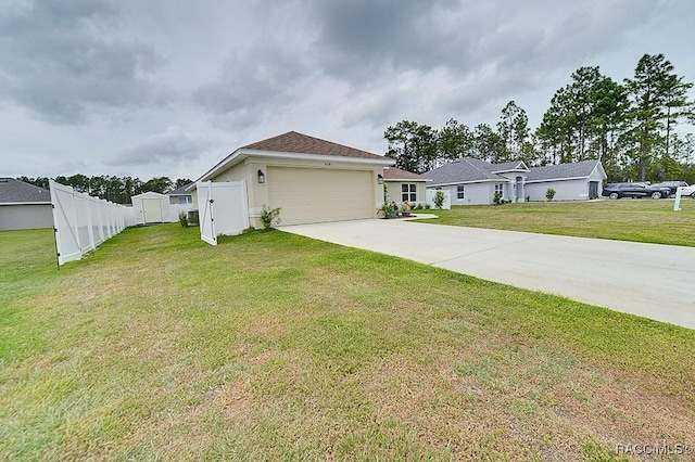 8330 N India Way, Citrus Springs, FL 34434 - view of property exterior featuring concrete driveway, an attached garage, a storage unit, and stucco siding