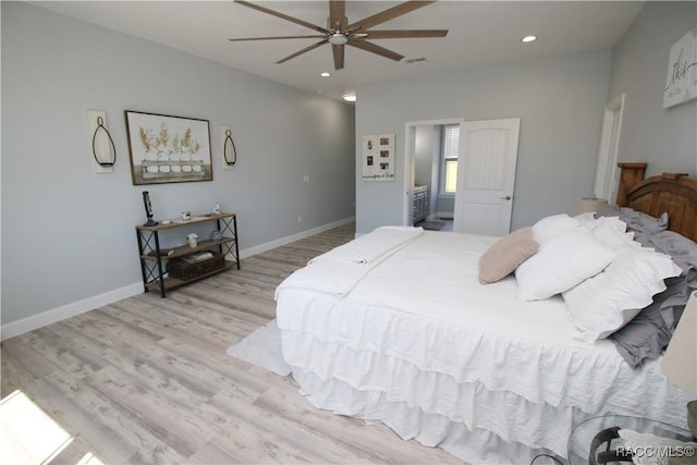 bedroom featuring recessed lighting, light wood-type flooring, baseboards, and ceiling fan