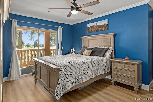 bedroom with crown molding, access to outside, ceiling fan, and light hardwood / wood-style floors