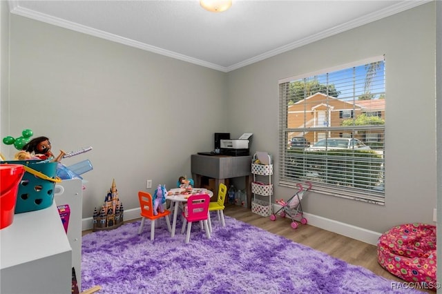 playroom featuring crown molding and wood-type flooring