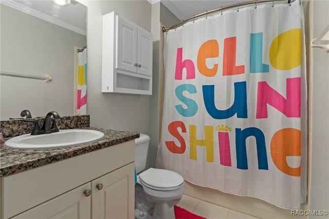 bathroom featuring crown molding, tile patterned floors, toilet, and vanity