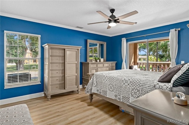 bedroom with access to exterior, ceiling fan, crown molding, a textured ceiling, and light hardwood / wood-style flooring