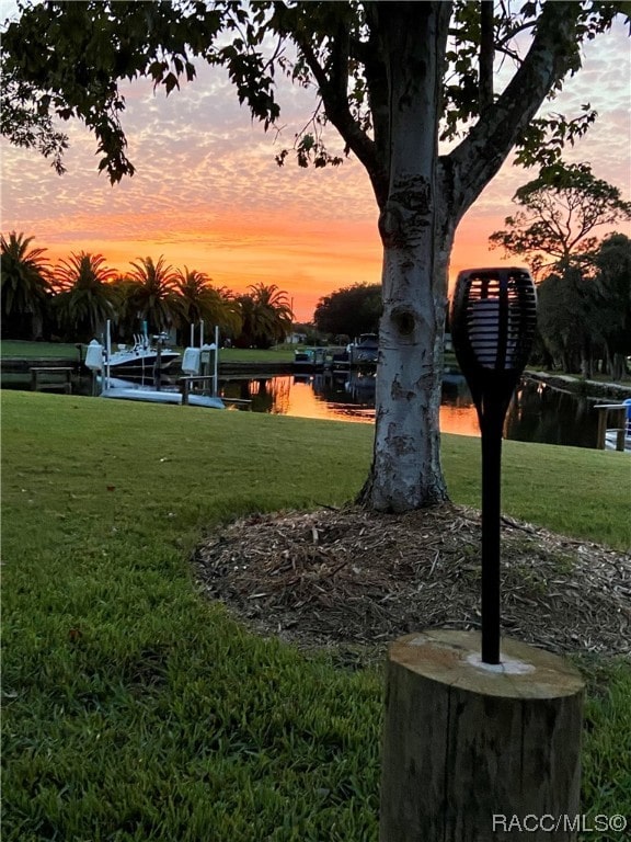 surrounding community featuring a water view, a dock, and a yard