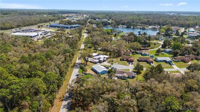 drone / aerial view featuring a water view and a view of trees