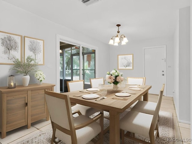 tiled dining area with an inviting chandelier