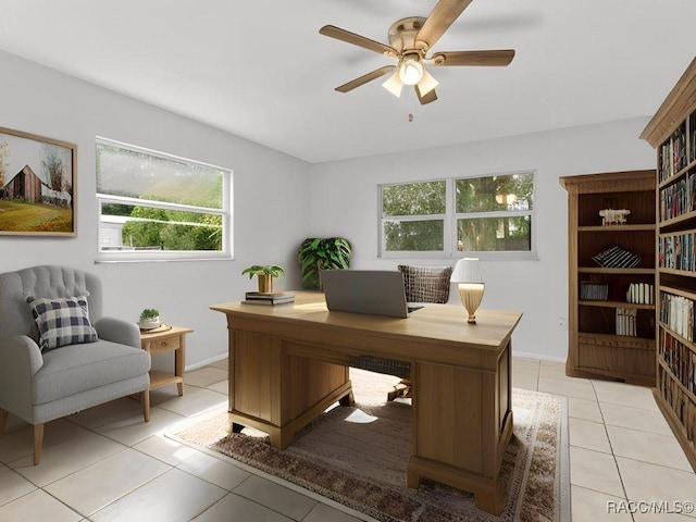 office area featuring ceiling fan and light tile patterned flooring