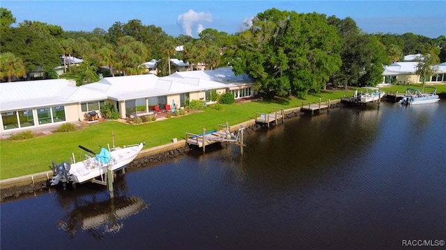 bird's eye view with a water view