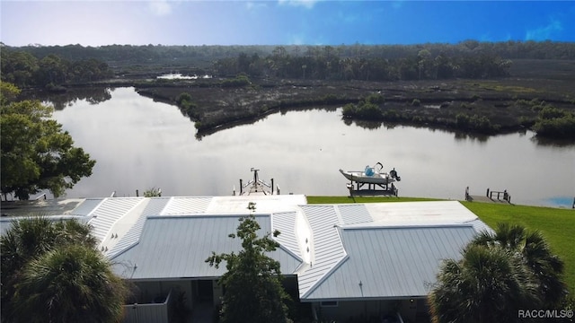 aerial view featuring a water view