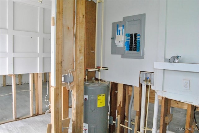 utility room with electric panel and water heater