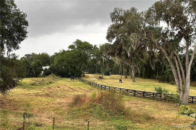 exterior space featuring a rural view and a yard