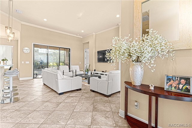 tiled living room with ornamental molding