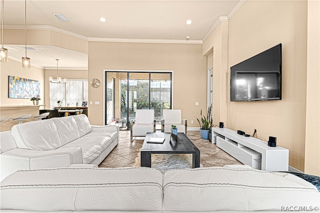 tiled living room featuring crown molding and an inviting chandelier