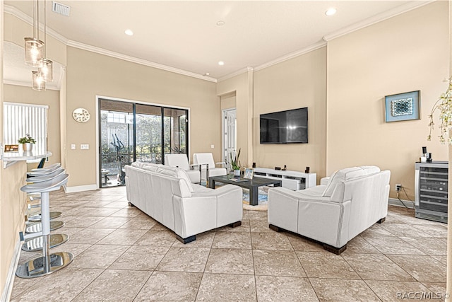 tiled living room featuring beverage cooler and ornamental molding