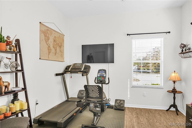 exercise area featuring light hardwood / wood-style flooring