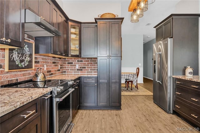 kitchen with decorative backsplash, high end appliances, dark brown cabinetry, and light hardwood / wood-style flooring