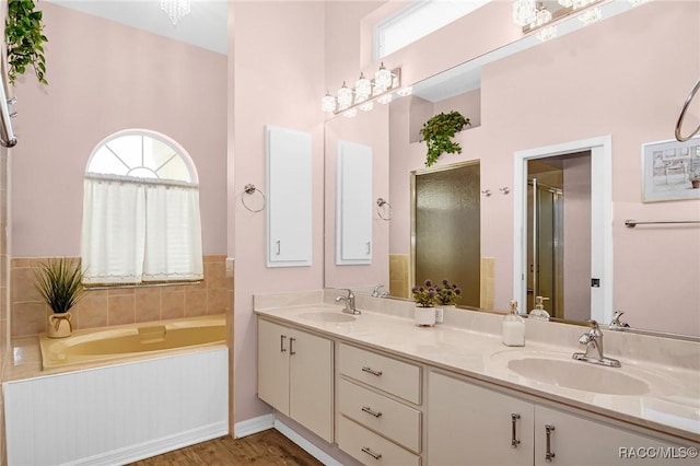 bathroom featuring vanity, wood-type flooring, and shower with separate bathtub