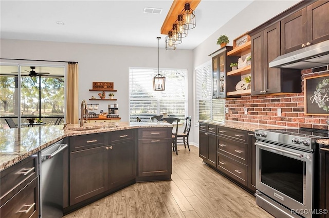 kitchen featuring a healthy amount of sunlight, light wood-type flooring, dark brown cabinetry, and stainless steel appliances