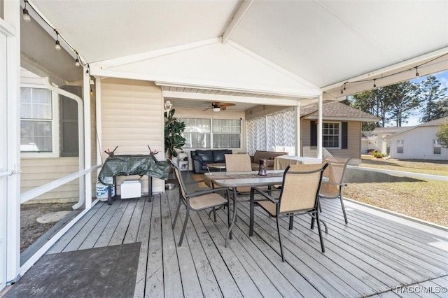 wooden deck with ceiling fan