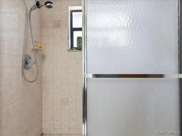 bathroom featuring a shower with door