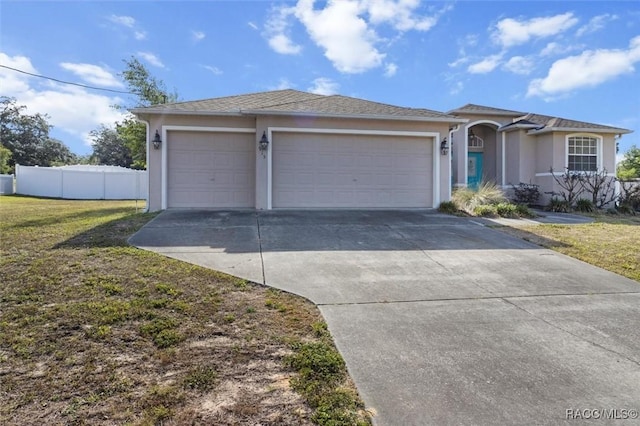 ranch-style house featuring fence, an attached garage, stucco siding, a front yard, and concrete driveway
