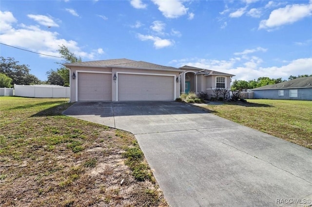 single story home with a front yard, a garage, fence, concrete driveway, and stucco siding