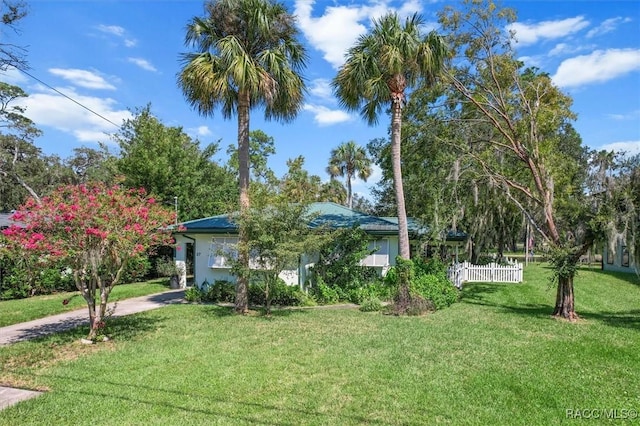 obstructed view of property featuring driveway, fence, and a front lawn