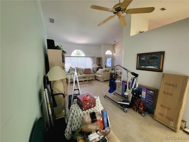 322 N Turkey Pine Loop, Lecanto, FL 34461 - living room featuring light wood finished floors, a ceiling fan, and high vaulted ceiling