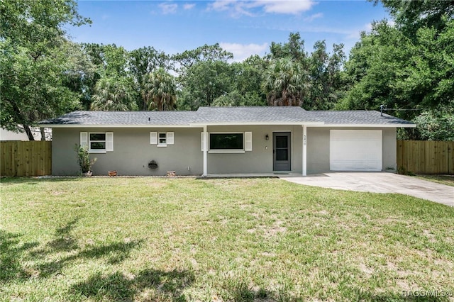 3410 N Bay Ave, Crystal River, FL 34428 - ranch-style home featuring an attached garage, stucco siding, concrete driveway, a shingled roof, and a porch