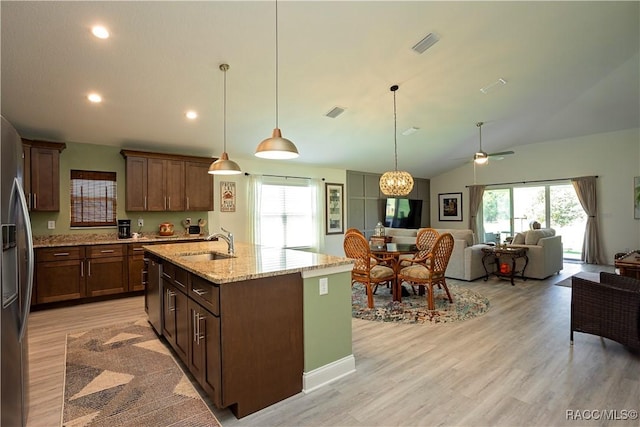 kitchen featuring a wealth of natural light, stainless steel appliances, lofted ceiling, and a sink