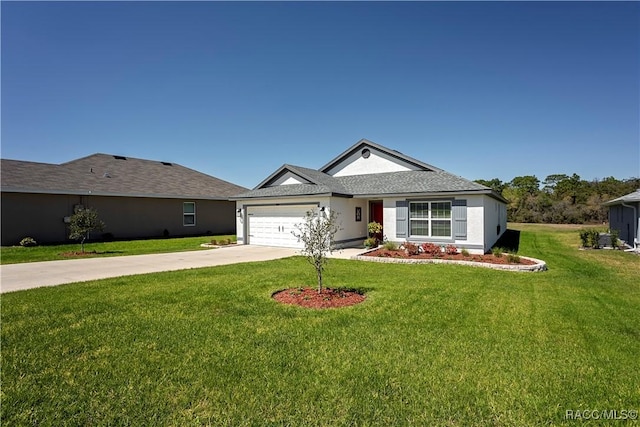 ranch-style home with a garage, driveway, a shingled roof, and a front yard