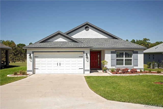 ranch-style home featuring stucco siding, a front lawn, concrete driveway, a shingled roof, and a garage