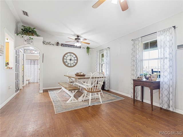 dining area featuring hardwood / wood-style floors, ceiling fan, and a healthy amount of sunlight