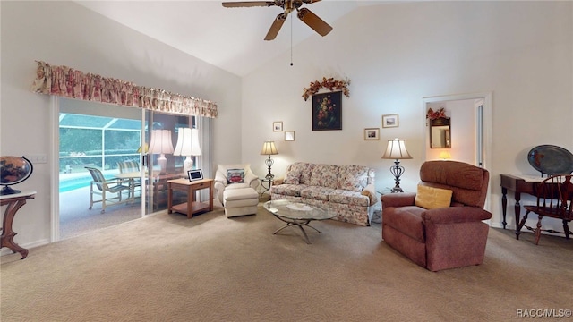 living room featuring ceiling fan, carpet flooring, and high vaulted ceiling