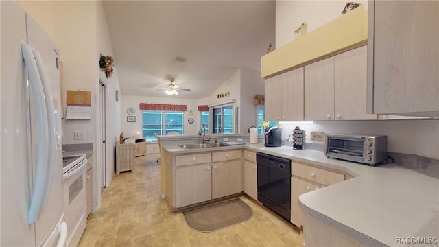 kitchen featuring ceiling fan, kitchen peninsula, sink, white appliances, and light brown cabinets